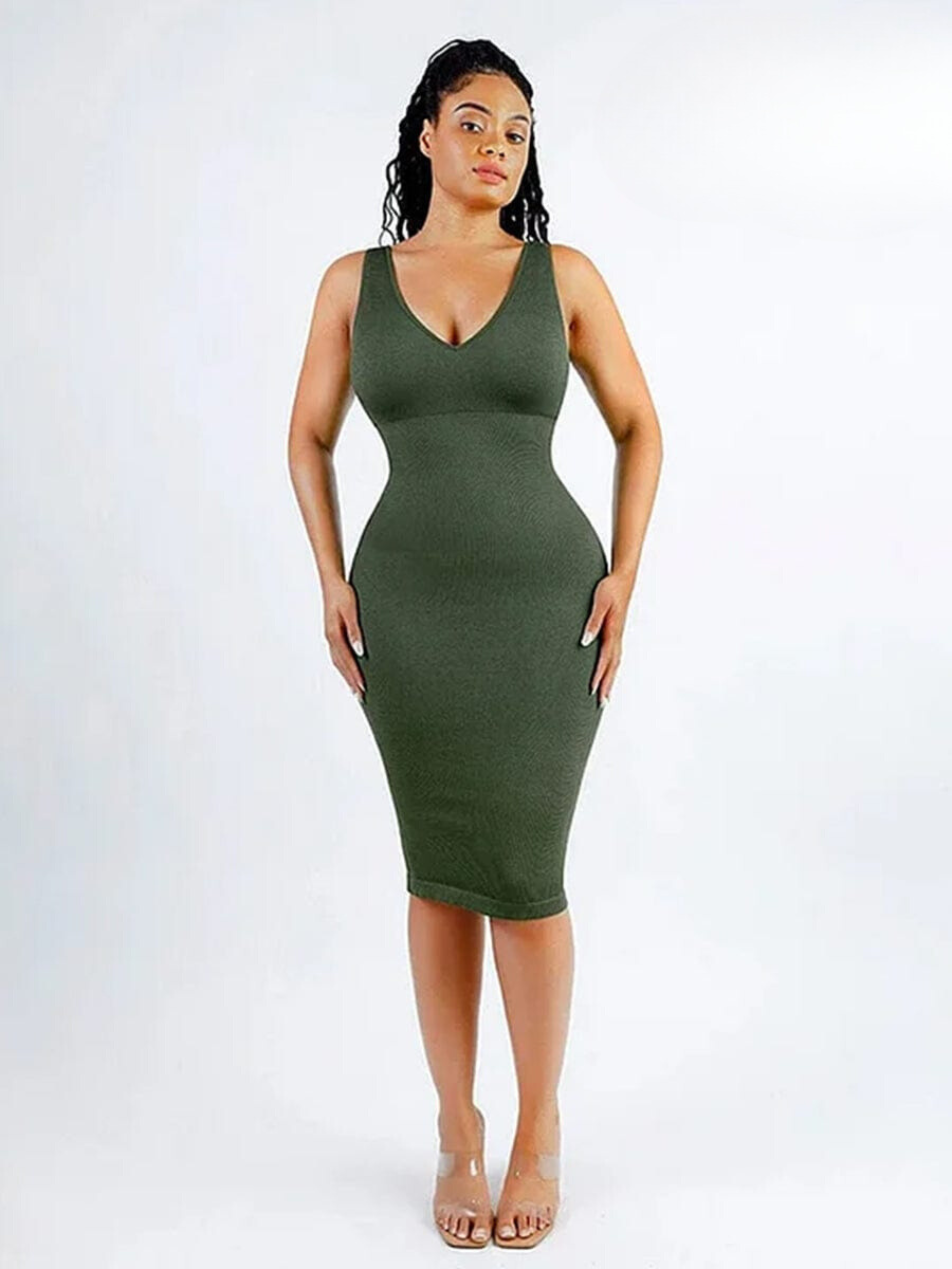 Seamless Deep V-Neck Shaping Dress with Removable Pads
