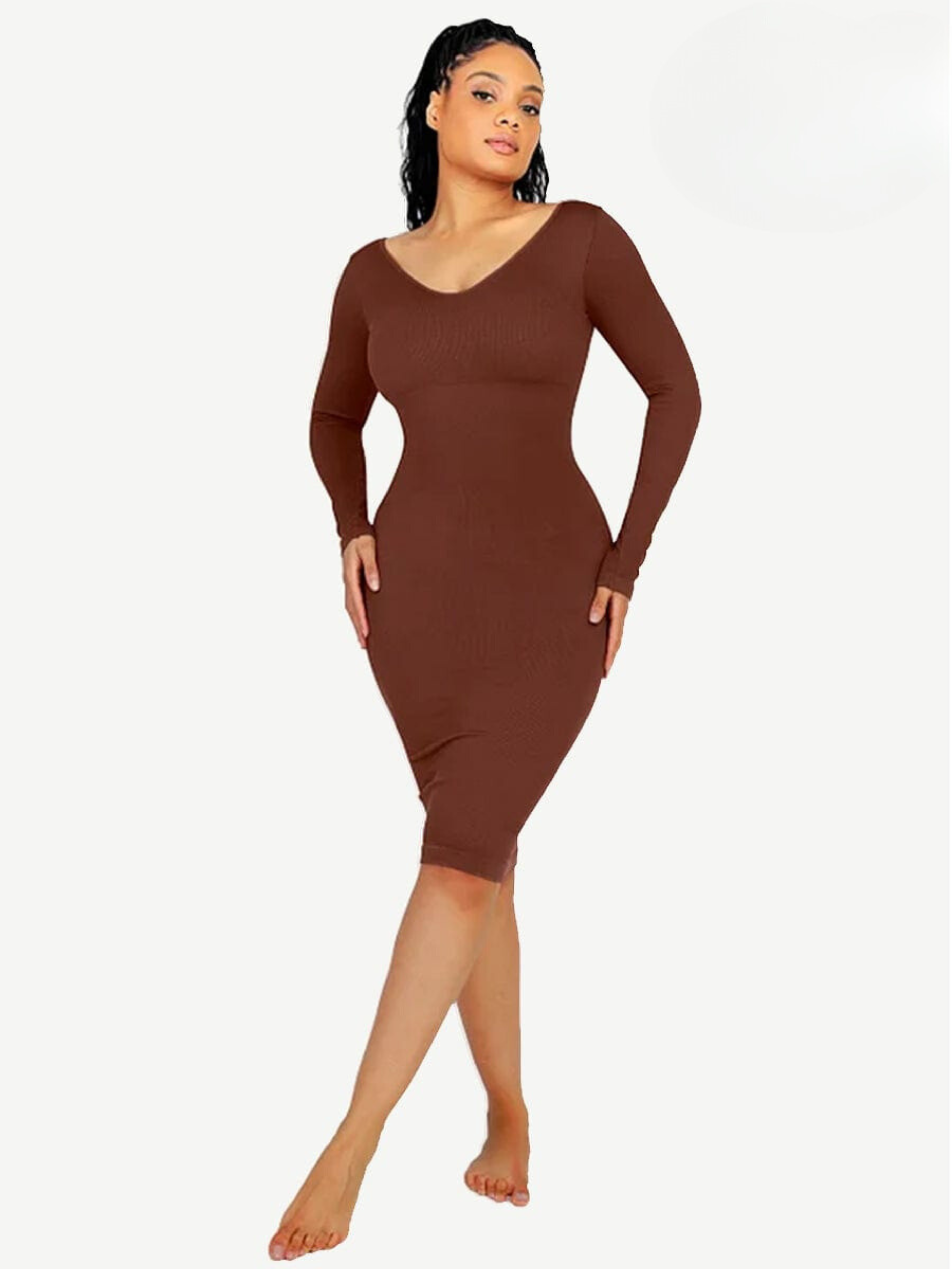Seamless V Neck Long Sleeve Waist Trimming Shaper Dress