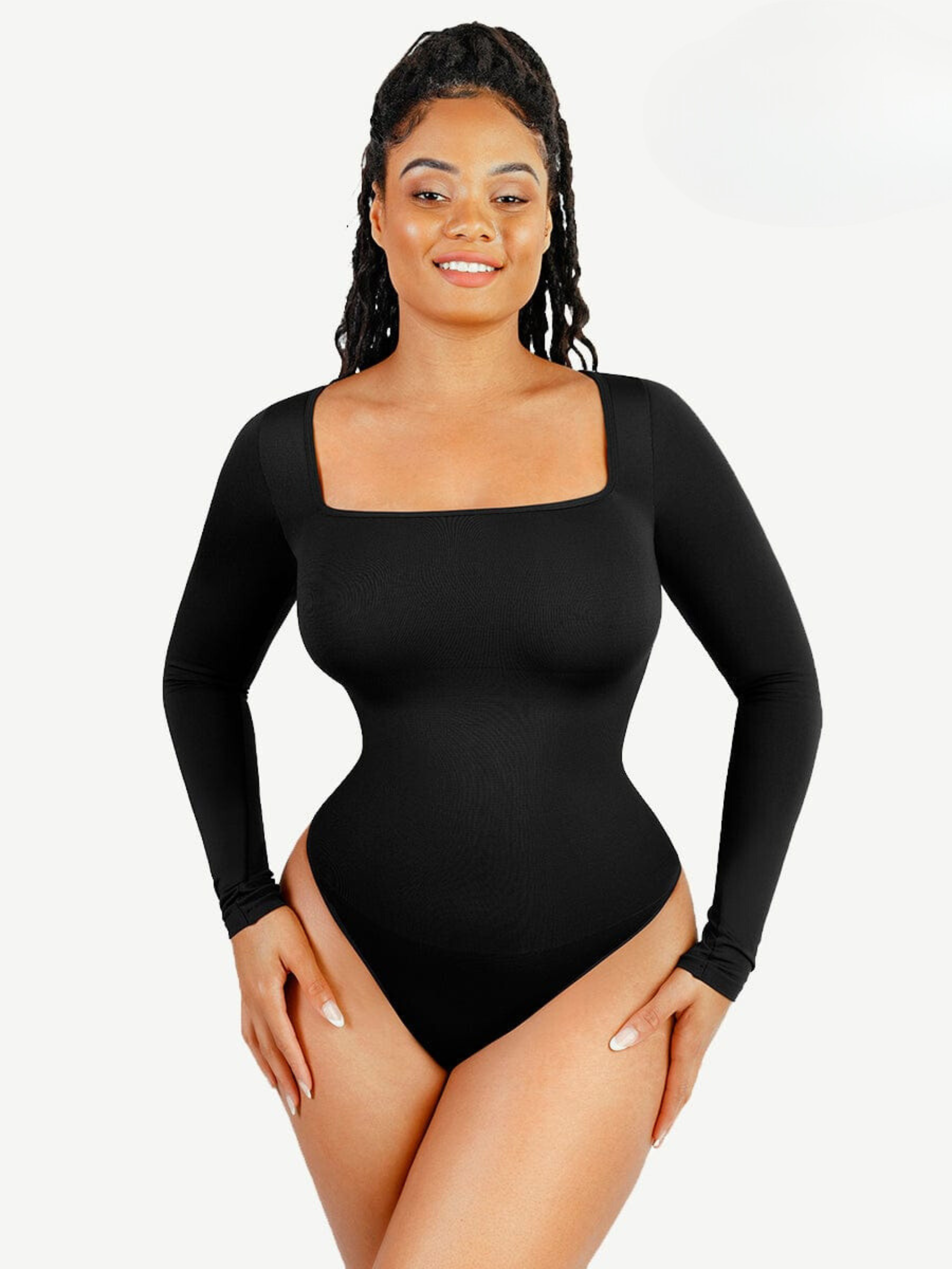 Square Neck Long Sleeve 360° Waist Control Thong Bodysuit