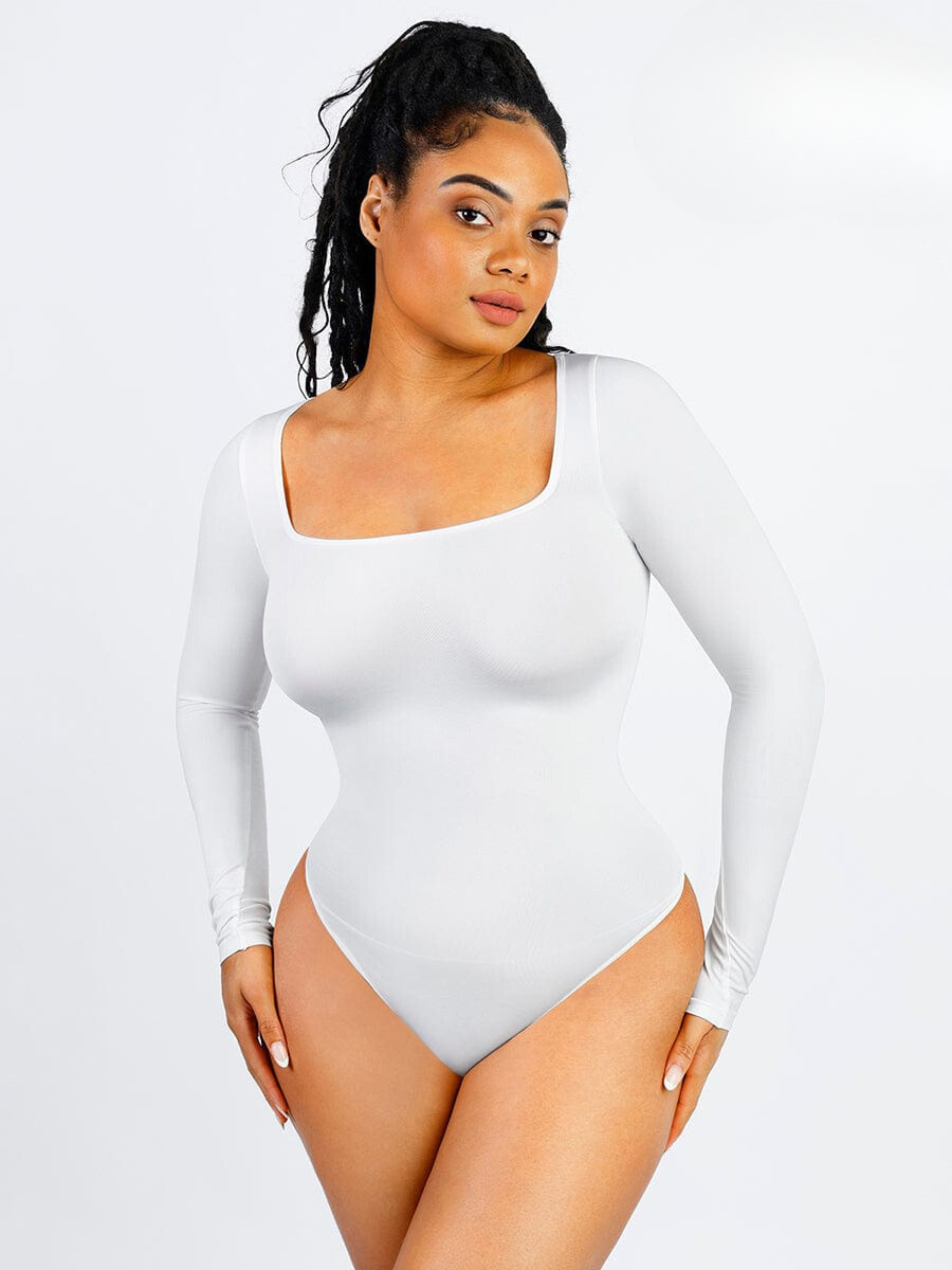 Square Neck Long Sleeve 360° Waist Control Thong Bodysuit