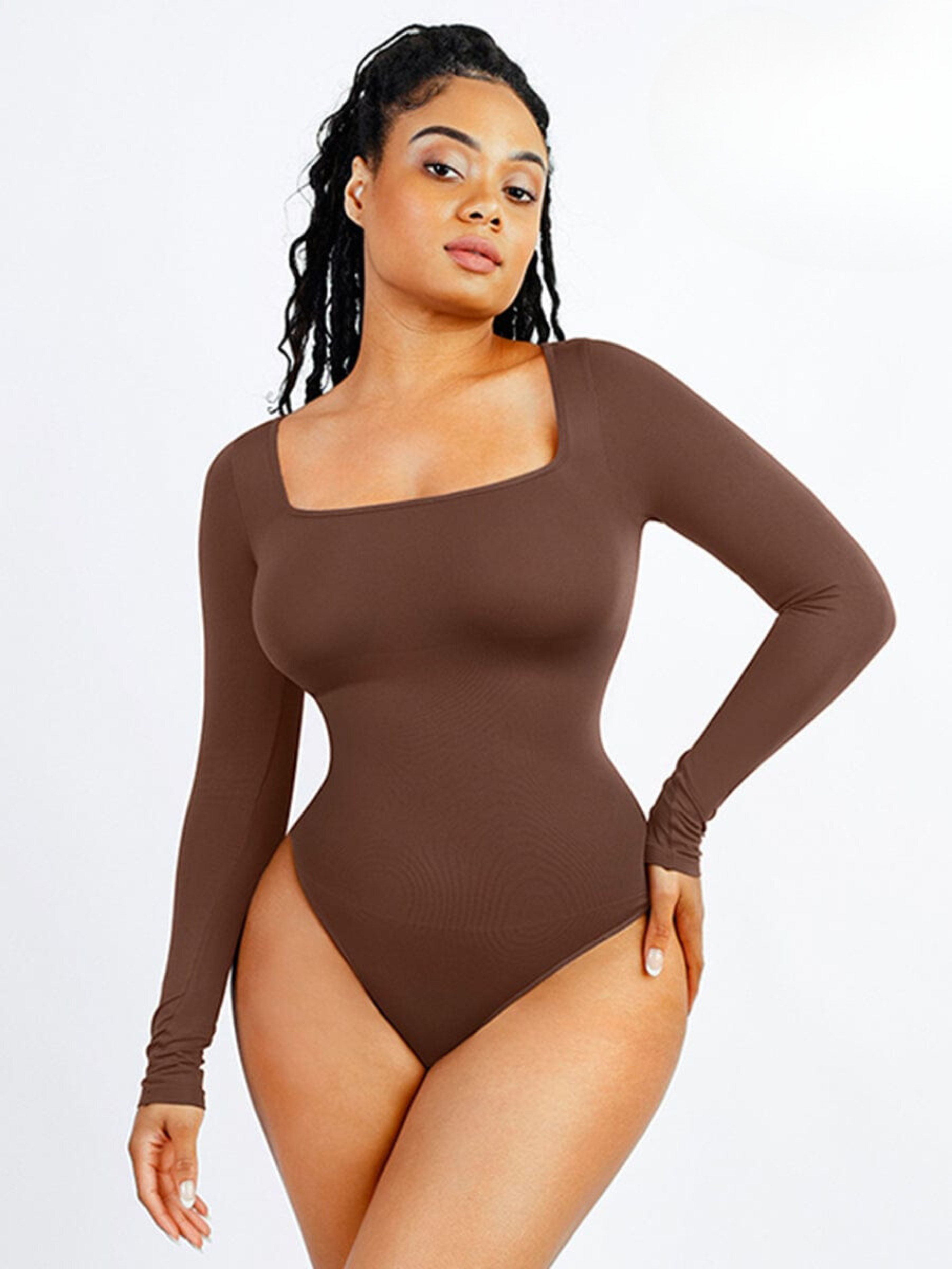 Square Neck Long Sleeve 360° Waist Control Thong Bodysuit